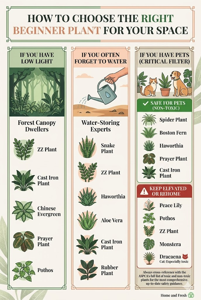 Infographic showing best indoor plants for beginners.