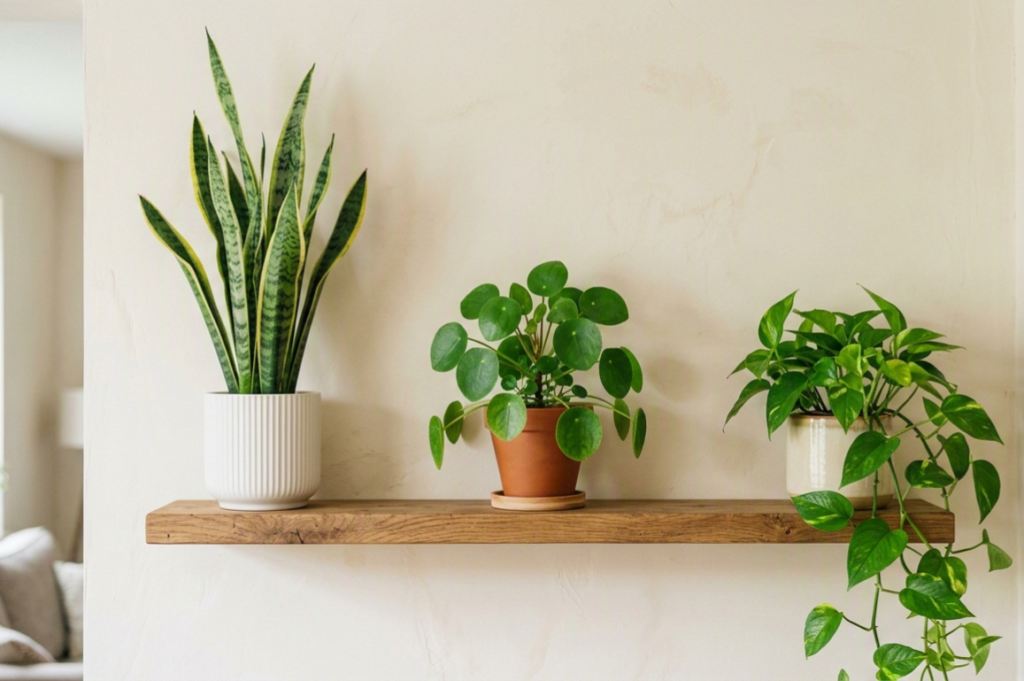 Indoor plant styling ideas, showing rule of three. Tall, Medium and Small plant pot