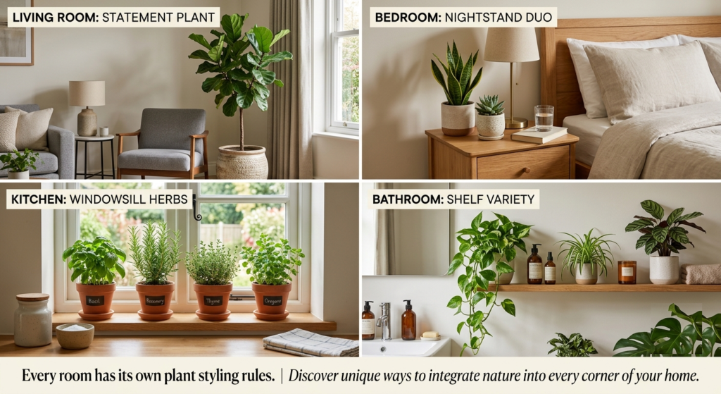 Split-image graphic showing four room styles side by side (living room statement plant, bedroom nightstand duo