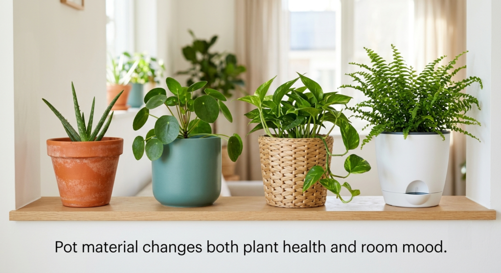 Image showing different plant pot types. Terracota, Ceramic, Wooden and Self Watering pot