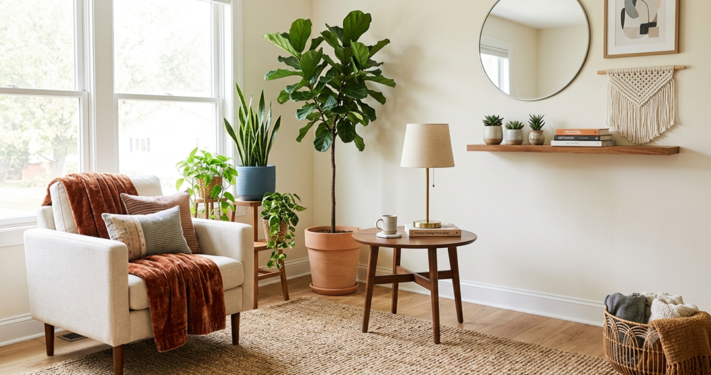 Image showing a clean room with indoor plants placed according to best styling guide for indoor plants